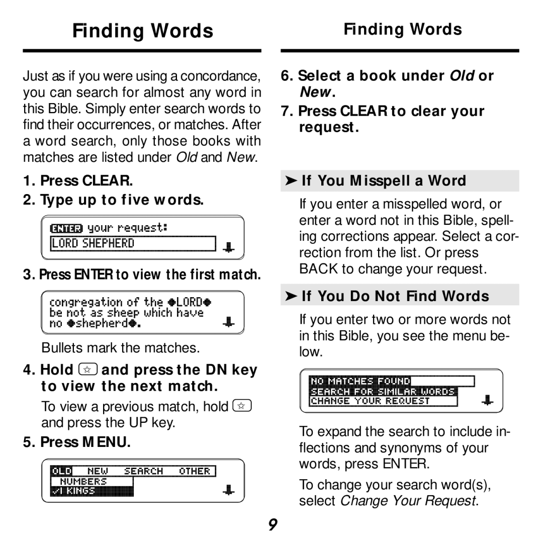 Franklin KJB-440 manual Finding Words, Press Clear Type up to five words, Hold and press the DN key to view the next match 