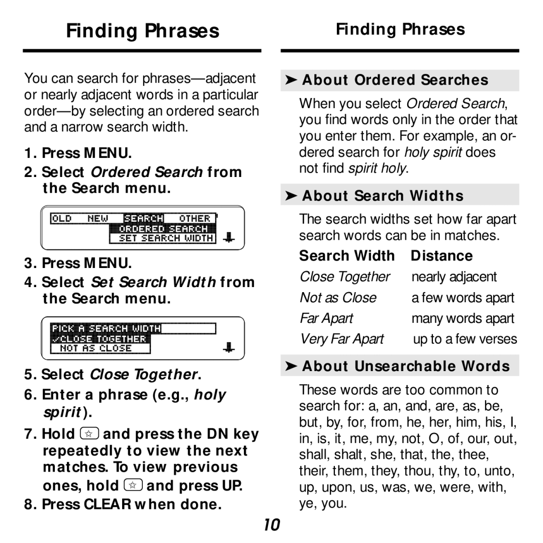 Franklin KJB-440 manual Finding Phrases, Select Ordered Search from the Search menu, Search Width Distance 