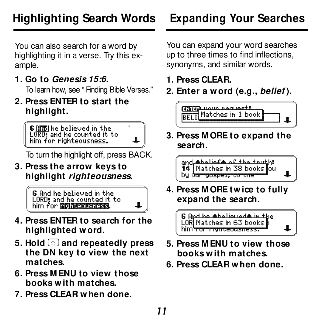 Franklin KJB-440 Highlighting Search Words Expanding Your Searches, Go to Genesis, Press Enter to start the highlight 