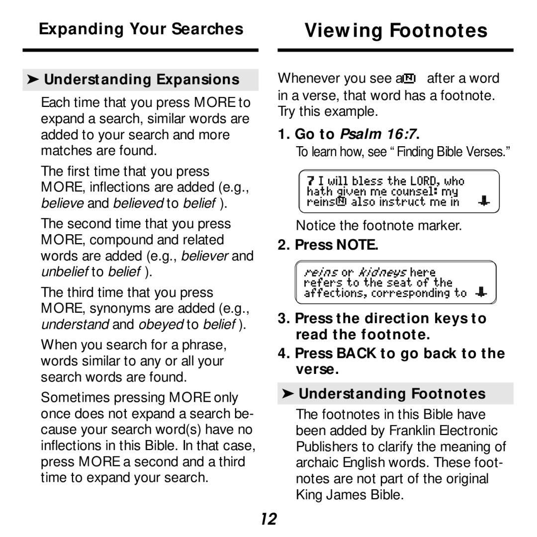 Franklin KJB-440 manual Viewing Footnotes, Understanding Expansions, Go to Psalm 