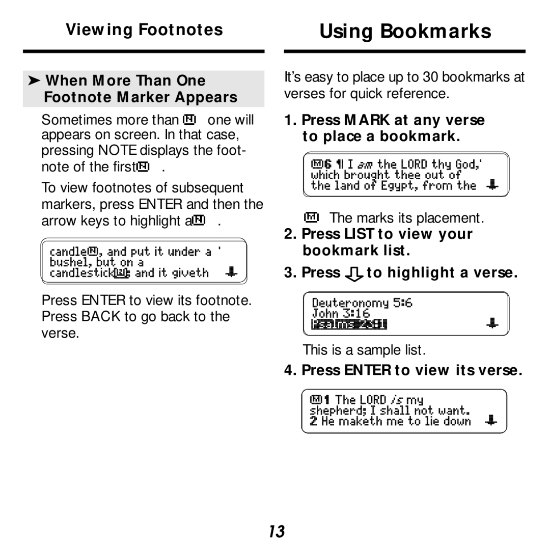 Franklin KJB-440 Using Bookmarks, When More Than One Footnote Marker Appears, Press Mark at any verse to place a bookmark 