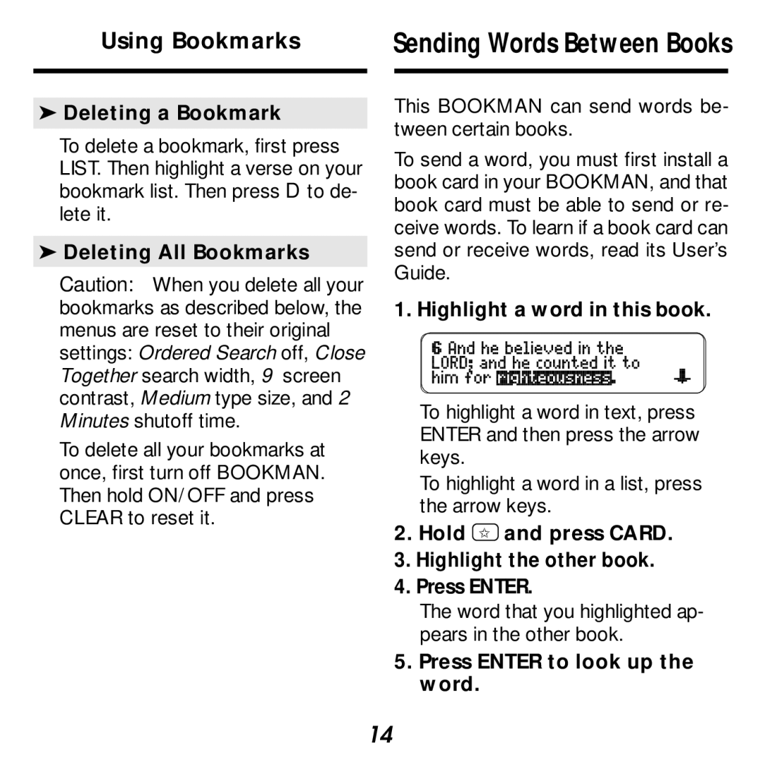 Franklin KJB-440 manual Deleting a Bookmark, Deleting All Bookmarks, Highlight a word in this book 