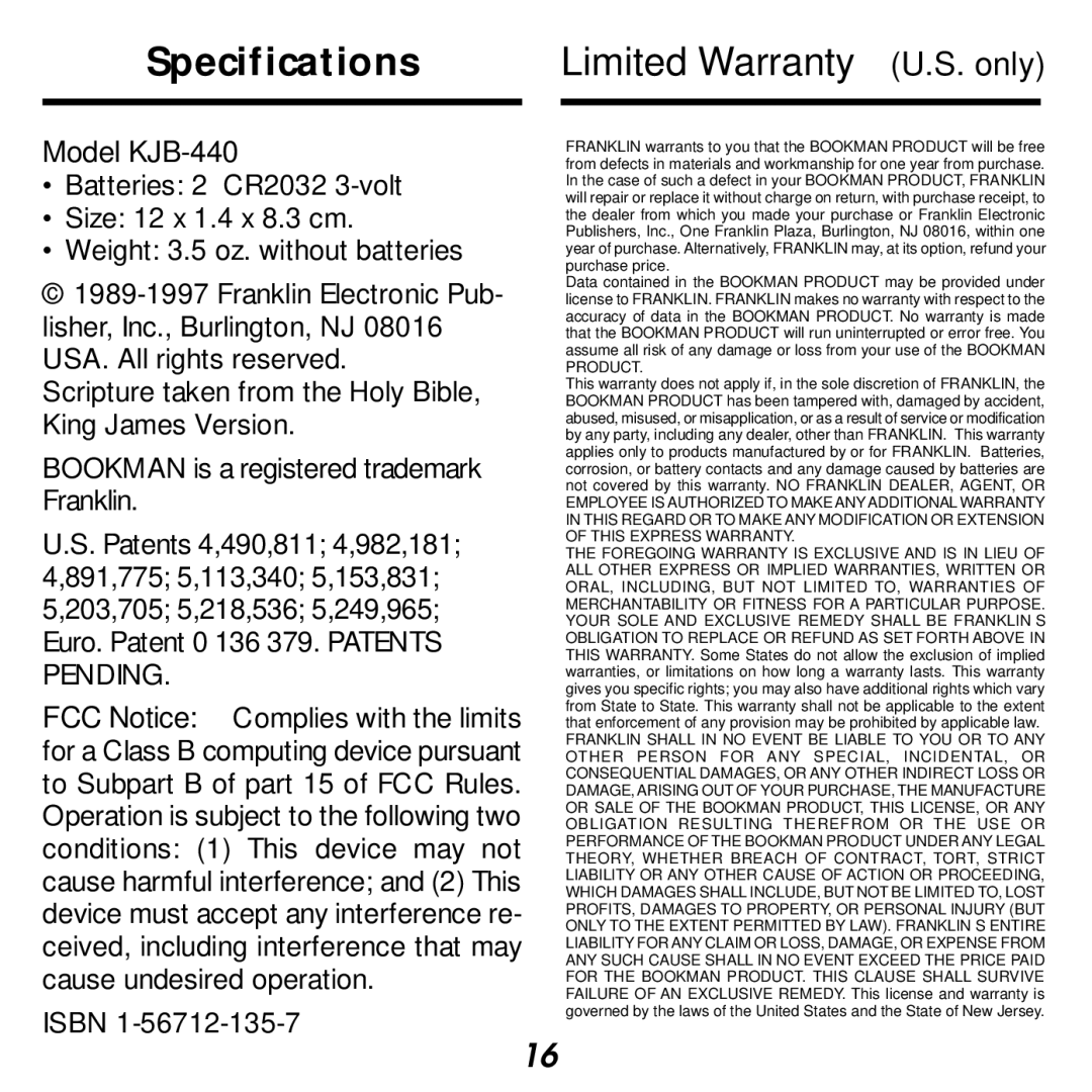 Franklin manual Specifications Limited Warranty U.S. only, Model KJB-440 