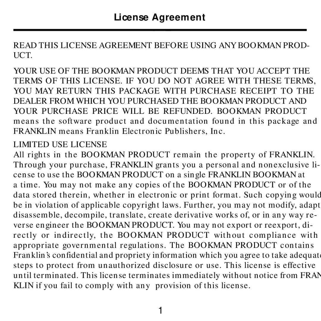 Franklin KJB-440 manual License Agreement 