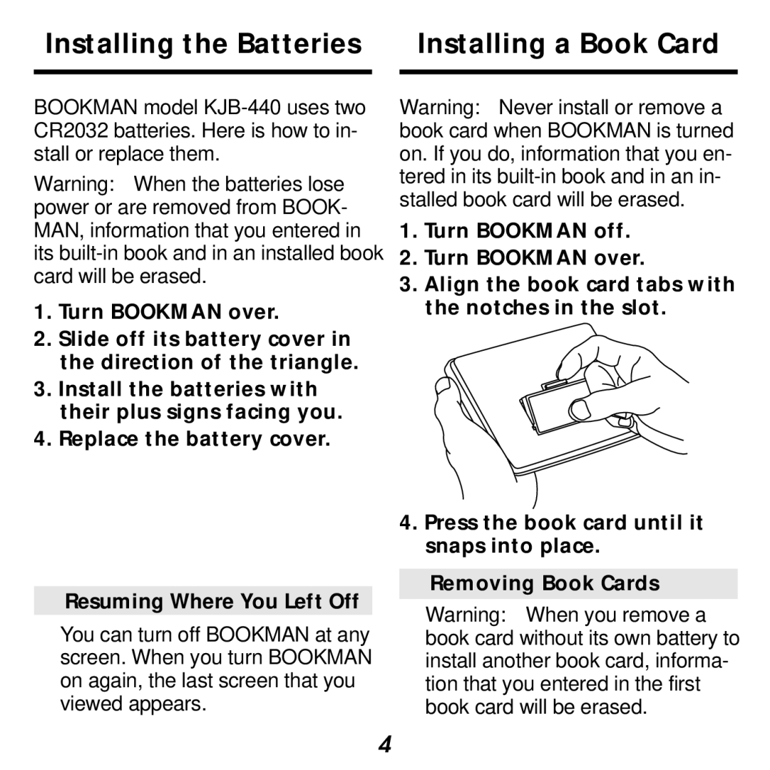 Franklin KJB-440 manual Installing the Batteries Installing a Book Card 