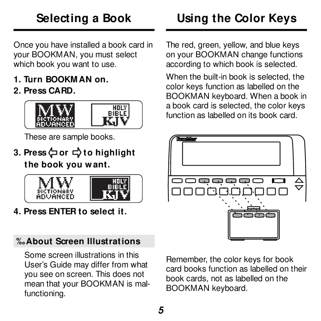 Franklin KJB-440 manual Selecting a Book, Using the Color Keys, Turn Bookman on Press Card 