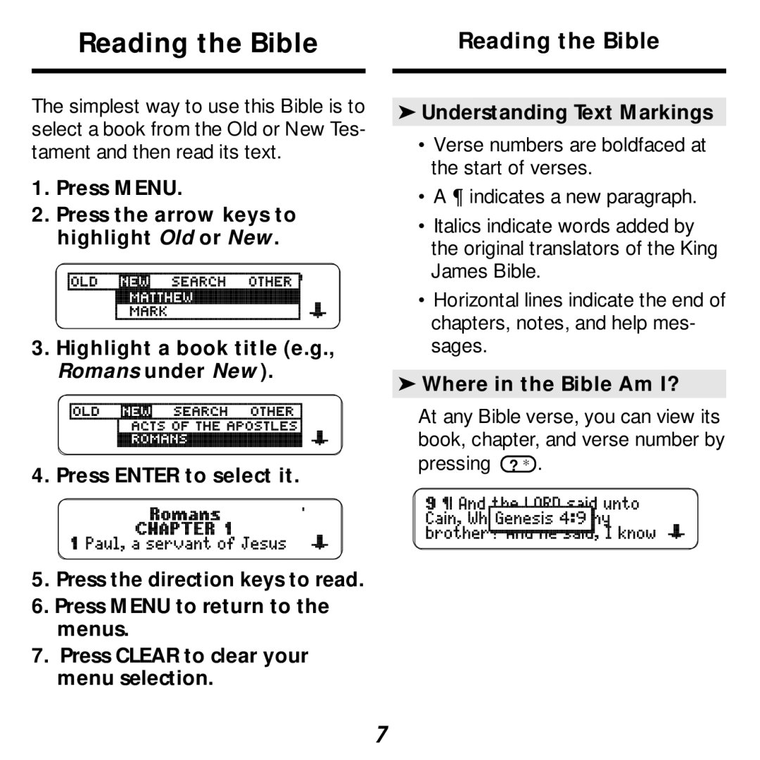 Franklin KJB-440 manual Reading the Bible, Where in the Bible Am I? 