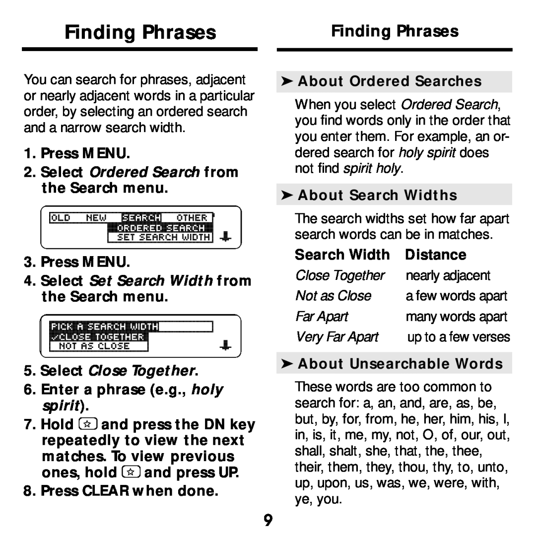 Franklin KJB-640 Finding Phrases, Press MENU, Select Ordered Search from the Search menu, Select Close Together, Distance 