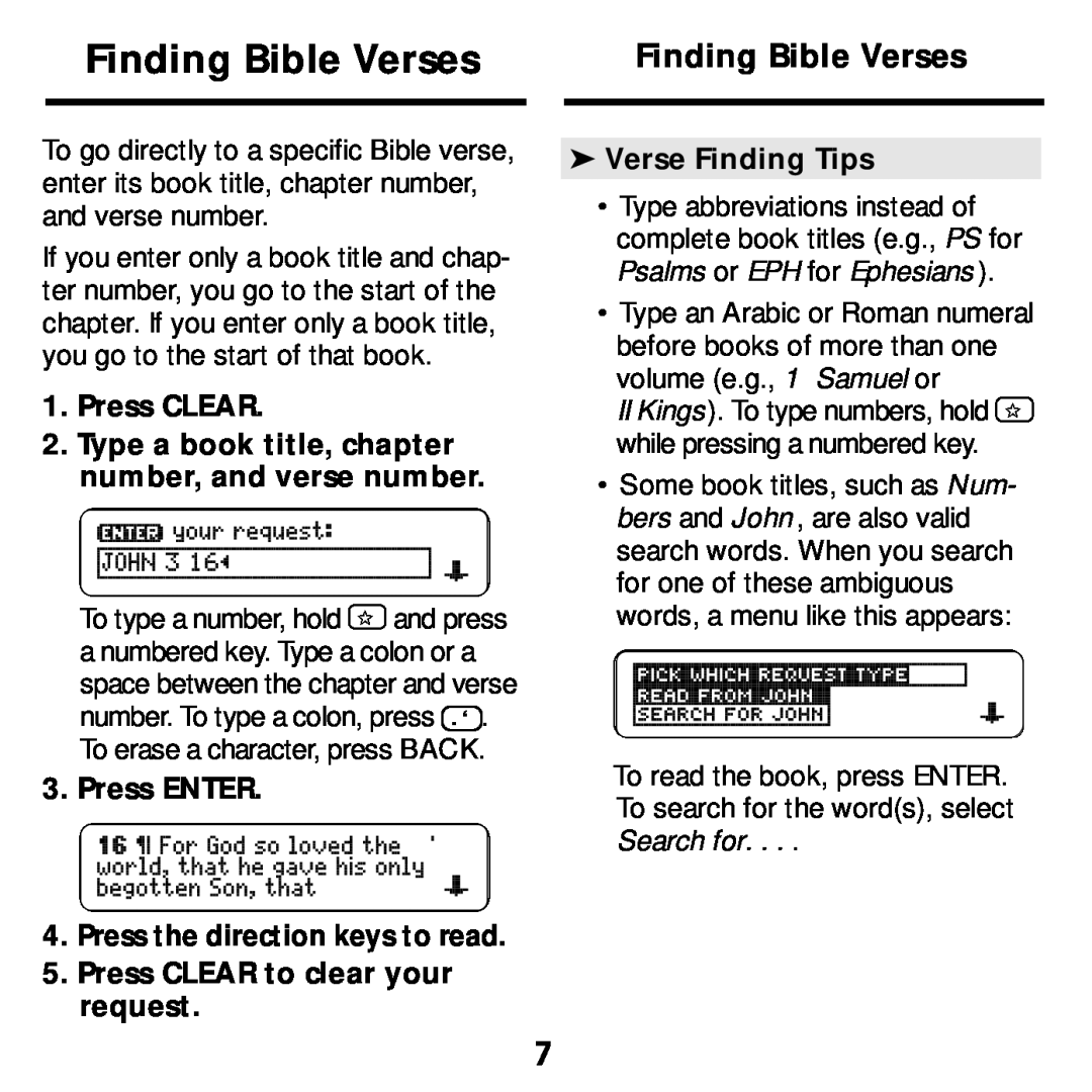 Franklin KJB-640 manual Finding Bible Verses, Press CLEAR 2. Type a book title, chapter number, and verse number 