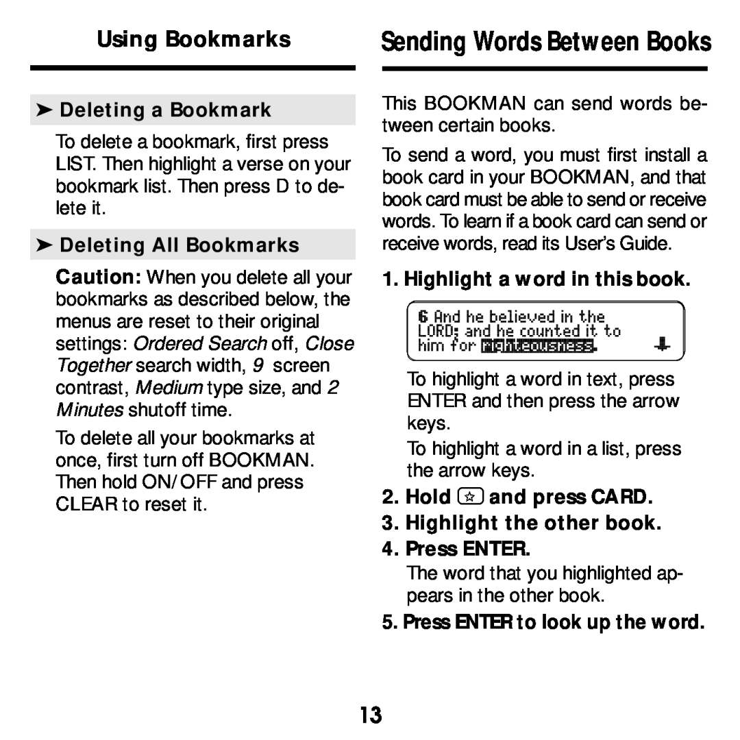 Franklin KJB-640 manual Deleting a Bookmark, Deleting All Bookmarks, Highlight a word in this book 