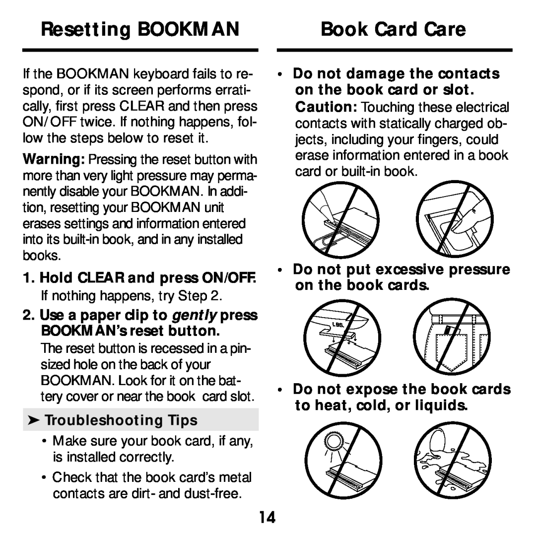 Franklin KJB-640 manual Resetting BOOKMAN, Book Card Care, Hold CLEAR and press ON/OFF. If nothing happens, try Step 