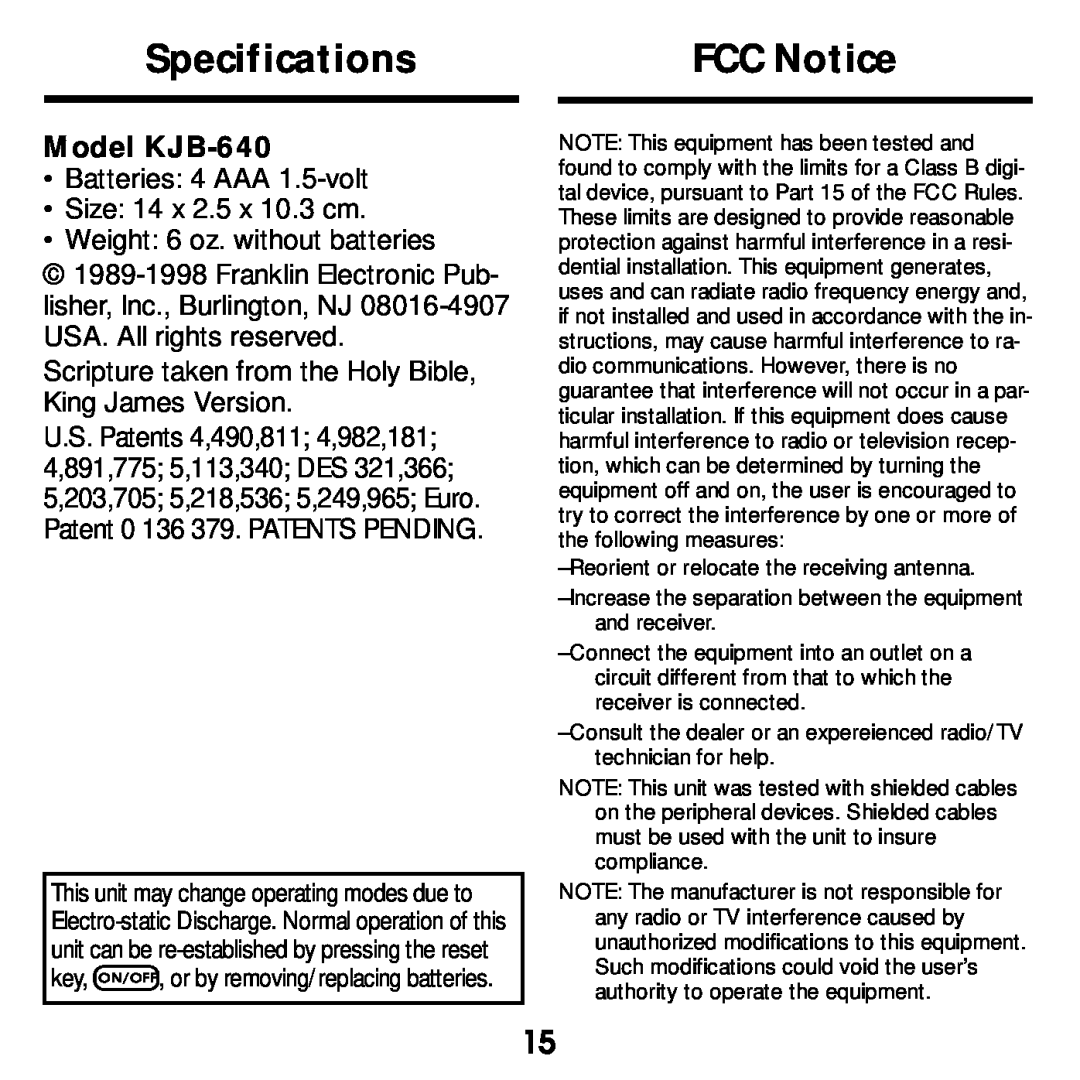 Franklin manual Specifications, FCC Notice, Model KJB-640, Reorient or relocate the receiving antenna 