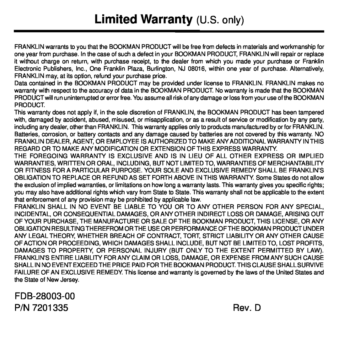 Franklin KJB-640 manual Limited Warranty U.S. only, FDB-28003-00, Rev. D 