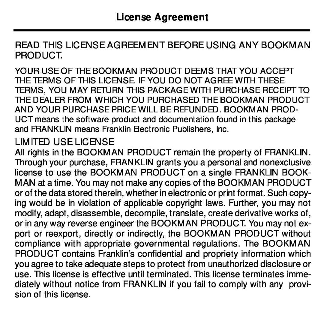 Franklin KJB-640 manual Read This License Agreement Before Using Any Bookman Product, Limited Use License 