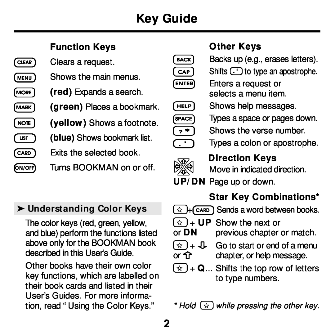 Franklin KJB-640 Key Guide, Function Keys, Understanding Color Keys, Other Keys, Direction Keys, Star Key Combinations 