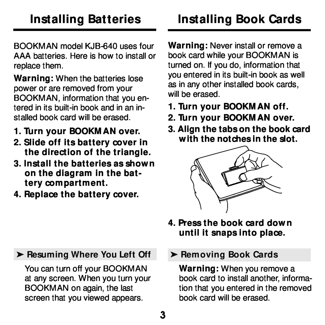 Franklin KJB-640 manual Installing Batteries, Installing Book Cards, Turn your BOOKMAN over, Removing Book Cards 