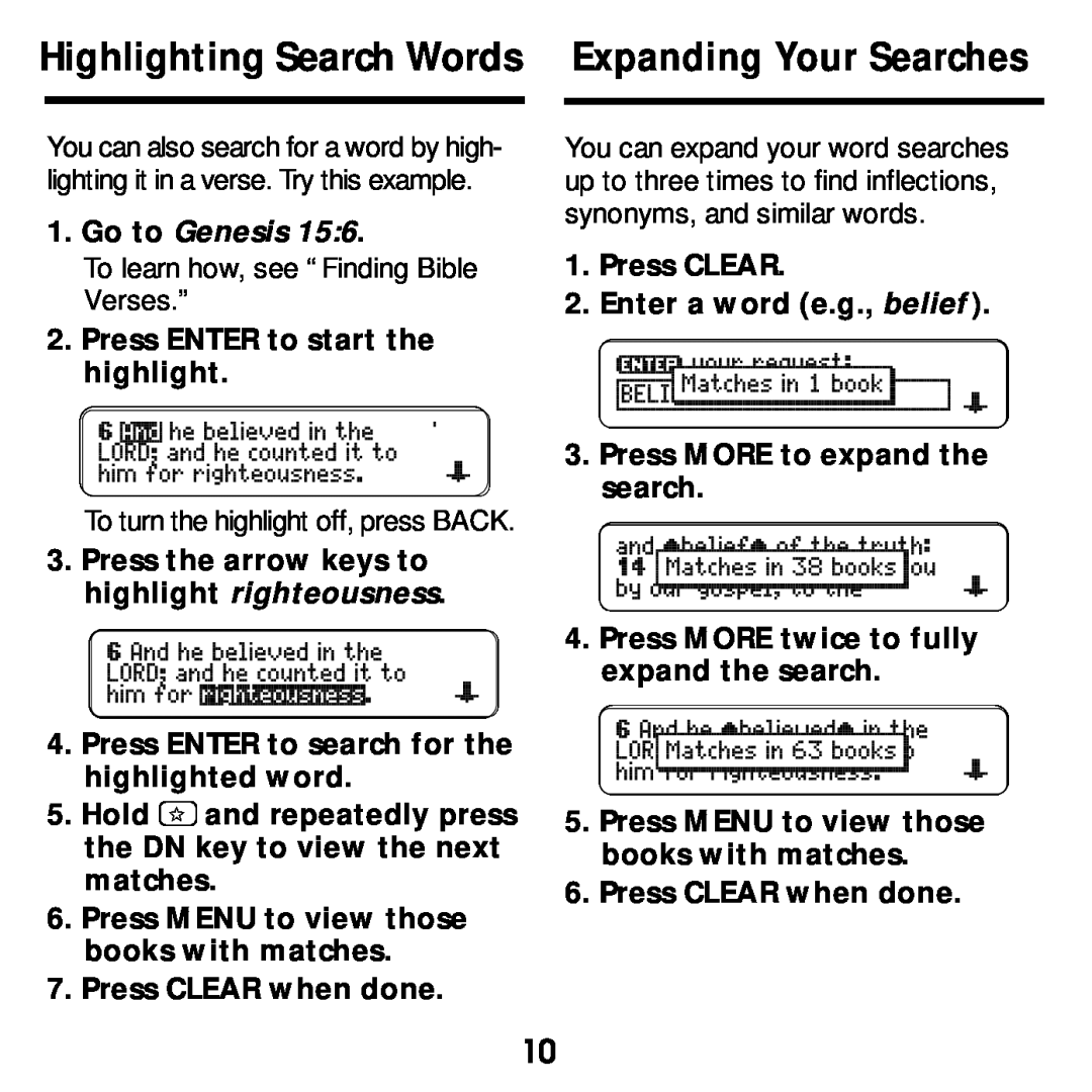 Franklin KJB-640 Highlighting Search Words Expanding Your Searches, Go to Genesis, Press ENTER to start the highlight 