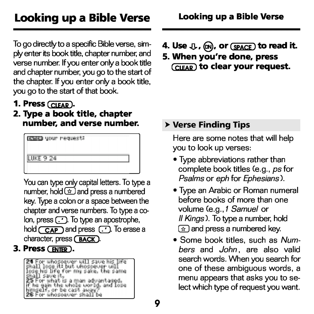 Franklin KJB-770 Looking up a Bible Verse, hold, character, press BACK, Press, and press a numbered, To type an apostrophe 
