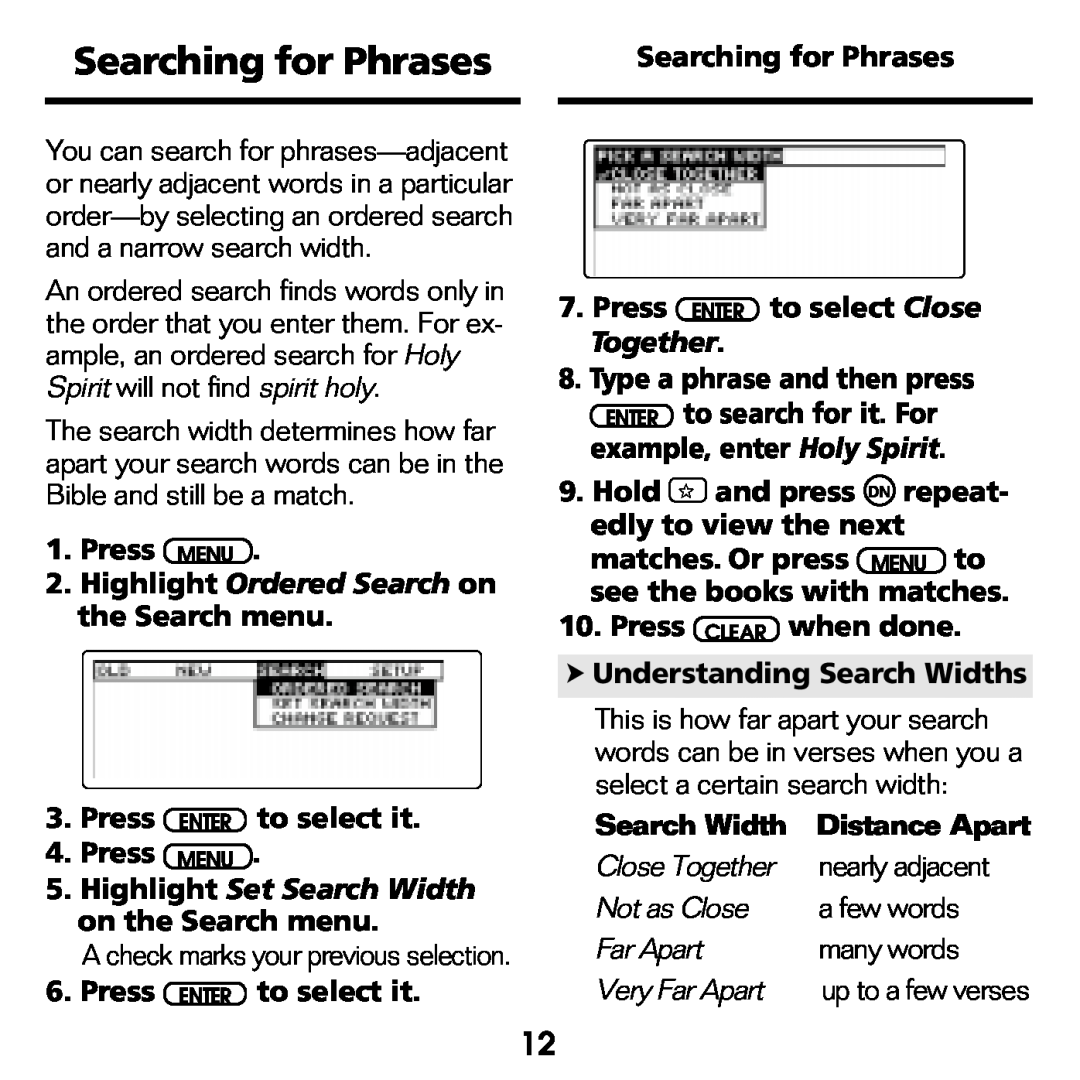 Franklin KJB-770 Searching for Phrases, Highlight Ordered Search on the Search menu, Together, Search Width, Not as Close 
