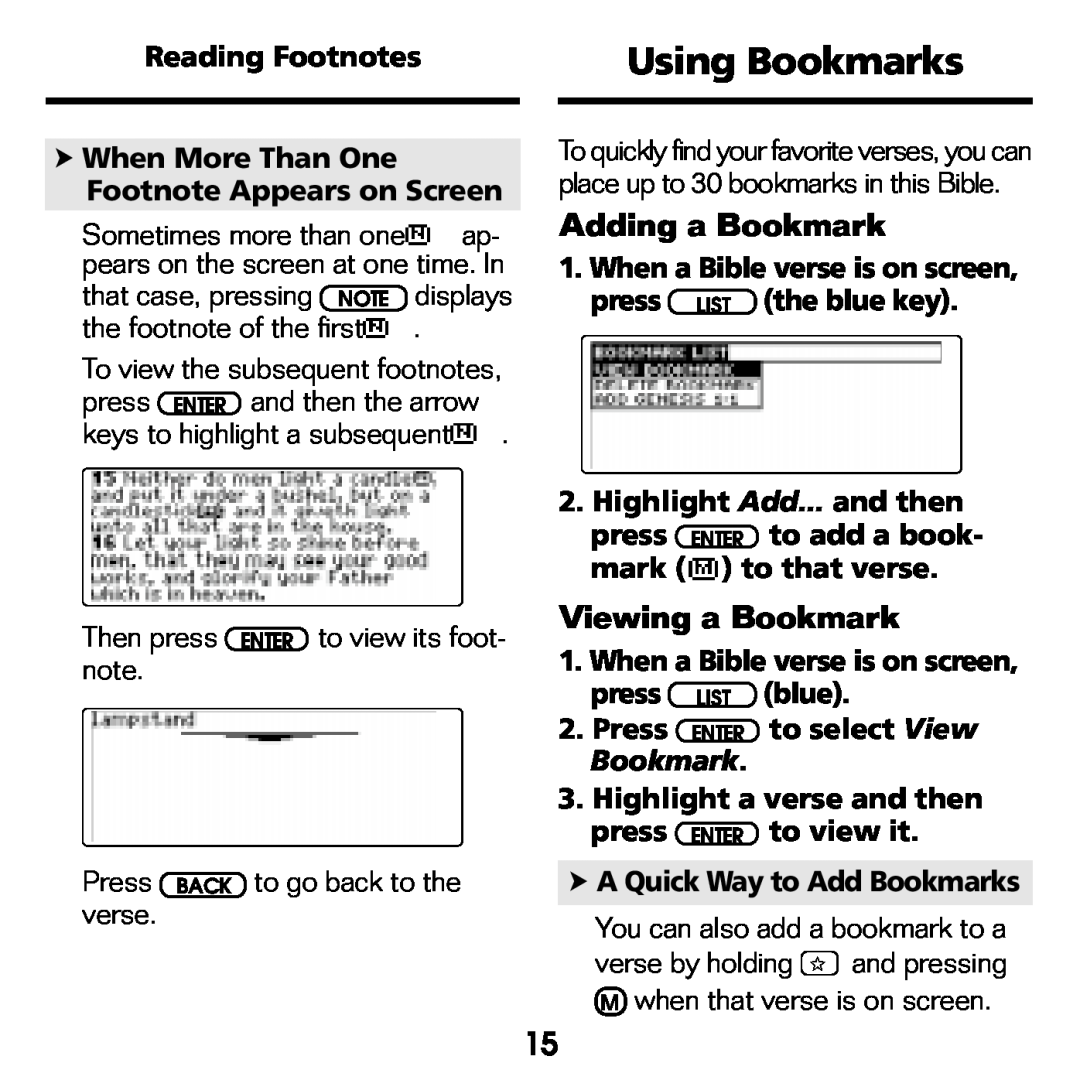 Franklin KJB-770 manual Using Bookmarks, Adding a Bookmark, Viewing a Bookmark 