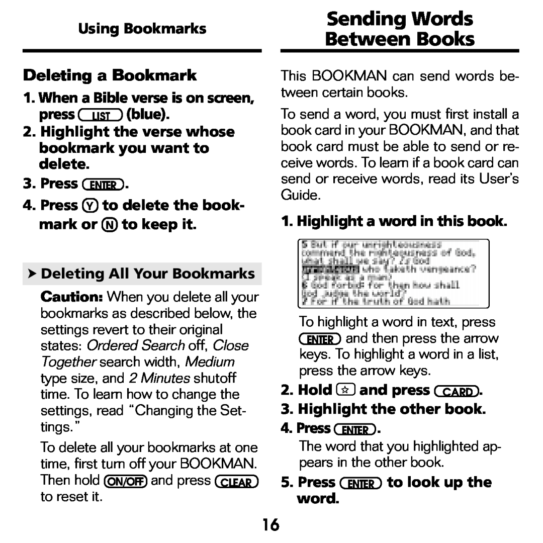 Franklin KJB-770 manual Sending Words Between Books, Deleting a Bookmark 