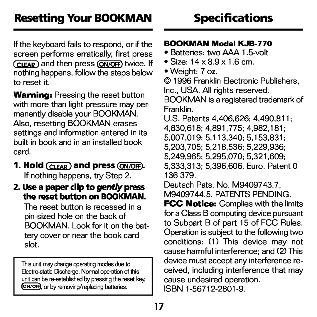 Franklin KJB-770 manual Specifications, Resetting Your BOOKMAN 