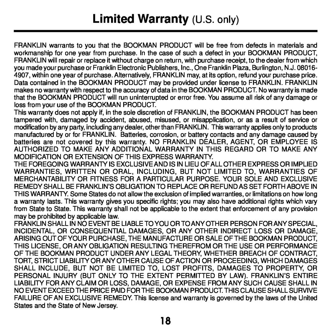 Franklin KJB-770 manual Limited Warranty U.S. only 