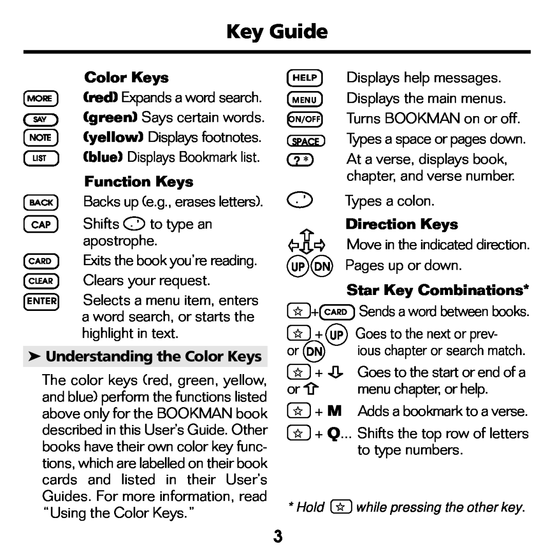 Franklin KJB-770 manual Key Guide, Function Keys, Ê Understanding the Color Keys, Direction Keys, Star Key Combinations 