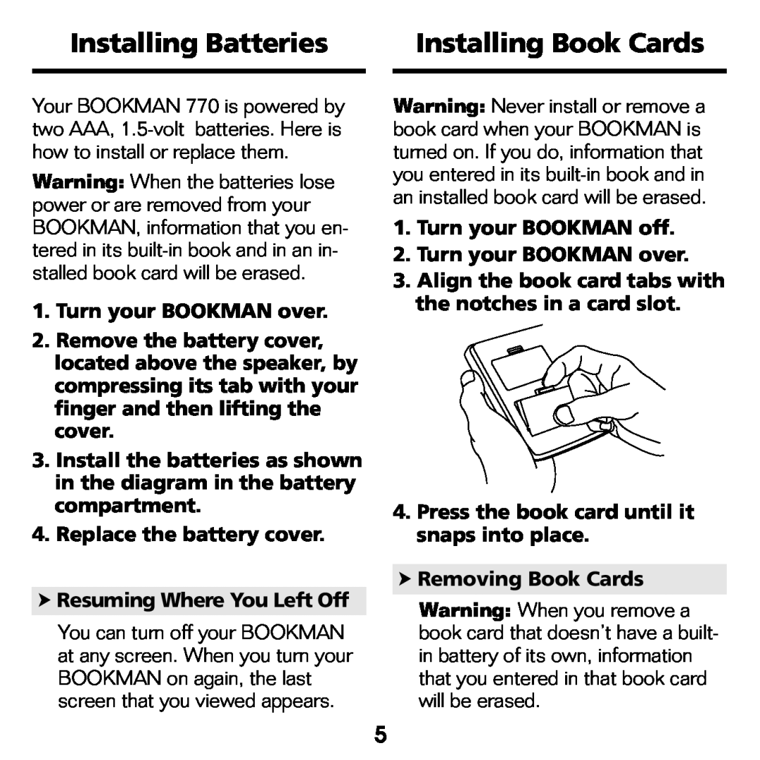 Franklin KJB-770 manual Installing Batteries, Installing Book Cards 