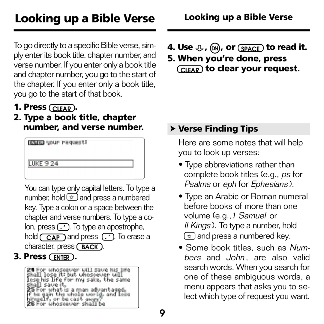 Franklin KJB-770 manual Looking up a Bible Verse, Here are some notes that will help you to look up verses 