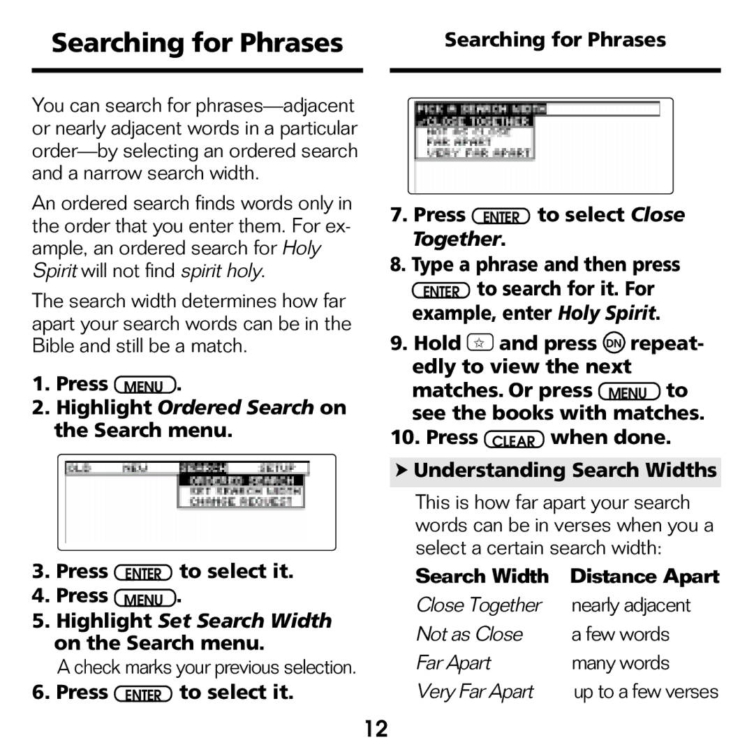 Franklin KJB-770 Searching for Phrases, Highlight Ordered Search on the Search menu, Together, Search Width Distance Apart 