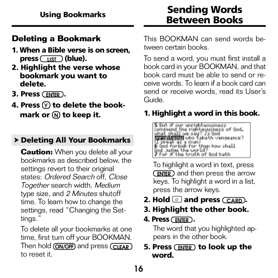 Franklin KJB-770 manual Sending Words Between Books, Using Bookmarks, Highlight a word in this book 