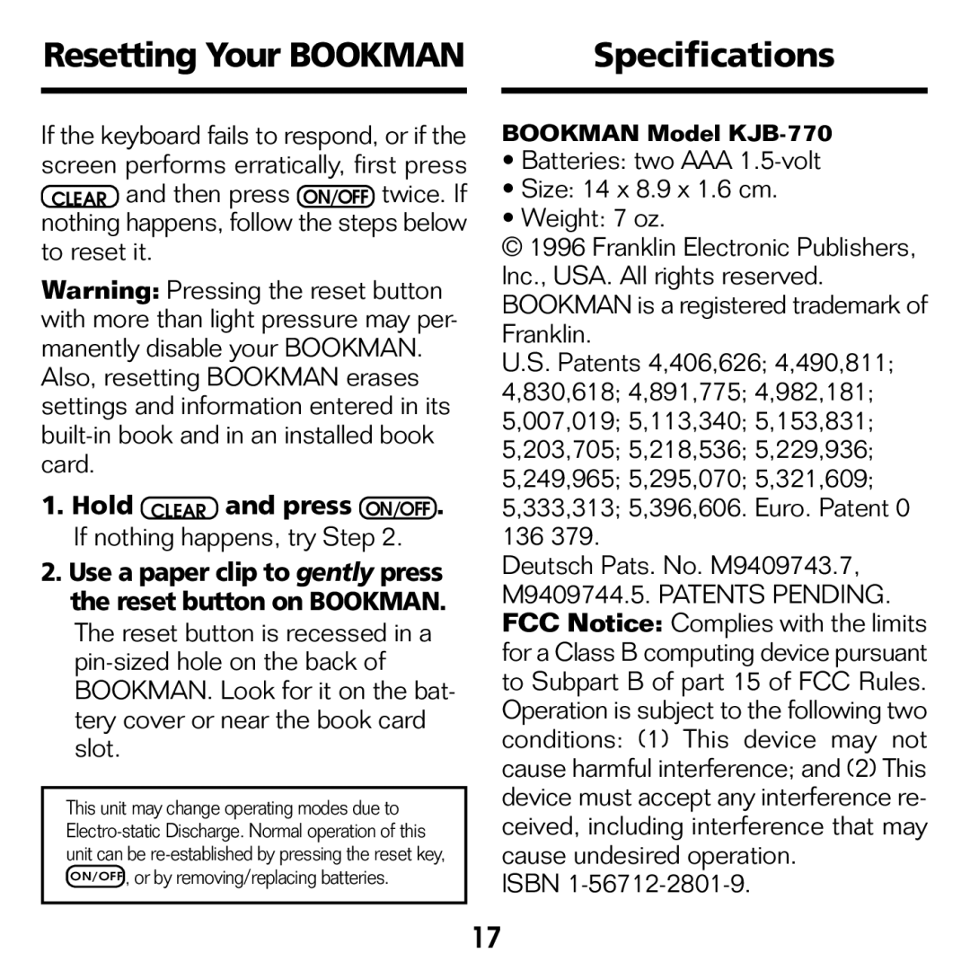 Franklin KJB-770 manual Specifications 