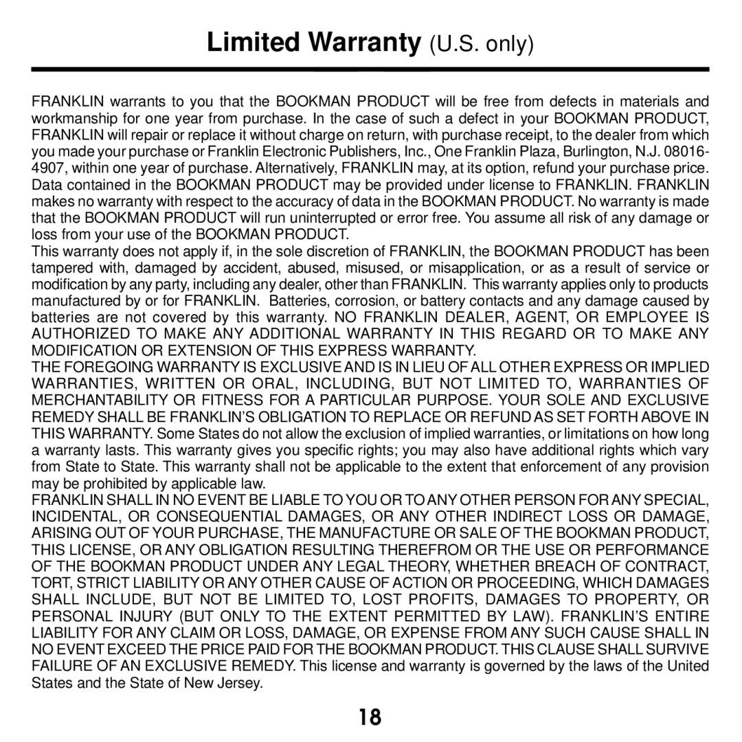 Franklin KJB-770 manual Limited Warranty U.S. only 