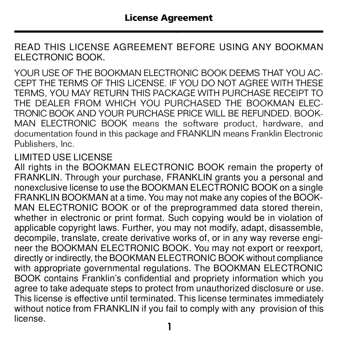 Franklin KJB-770 manual License Agreement, Limited USE License 