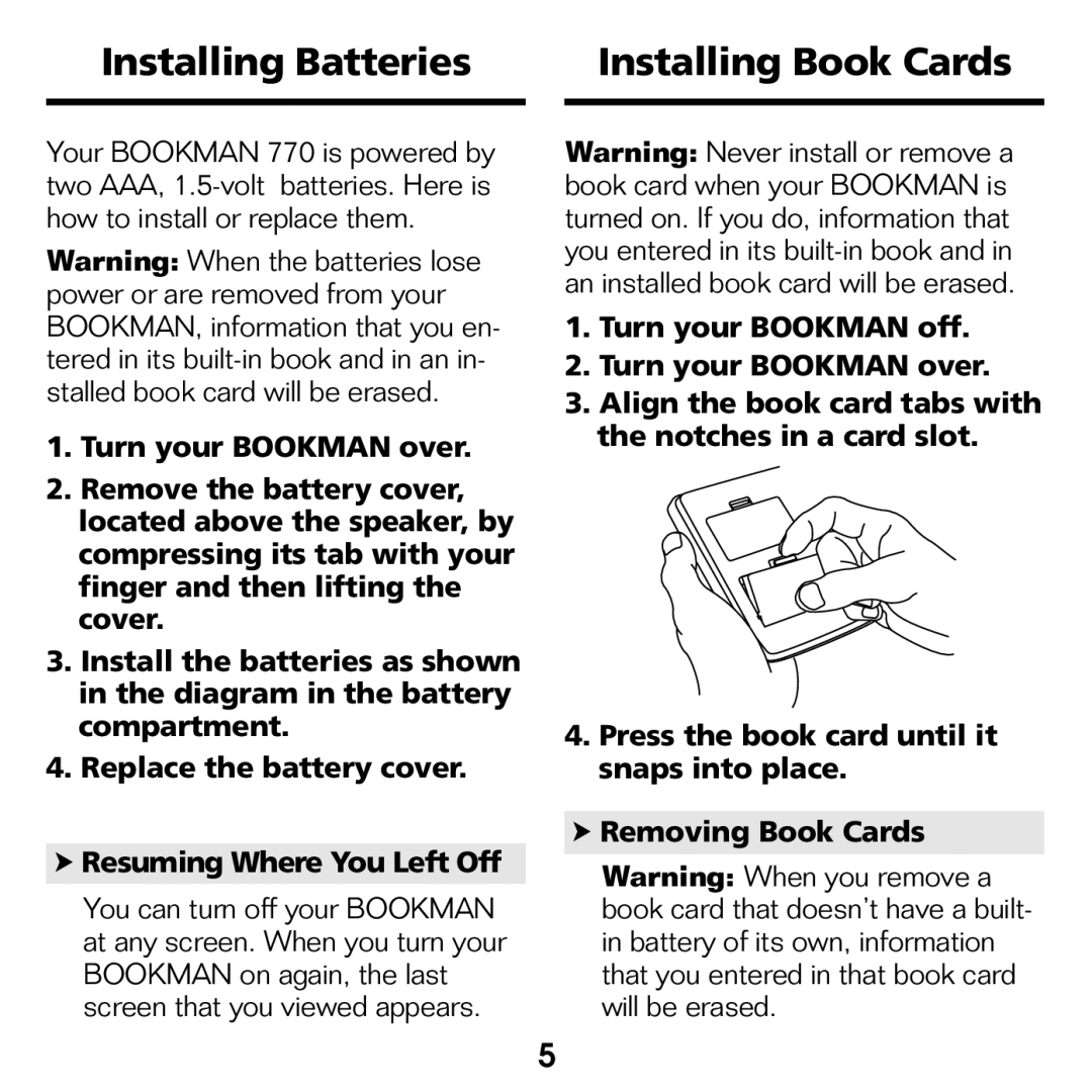 Franklin KJB-770 manual Installing Batteries Installing Book Cards 