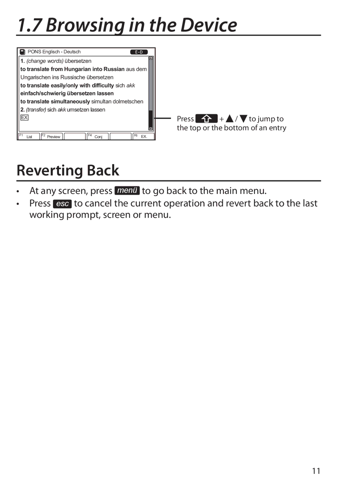 Franklin Language Master Language Learning Library, BDS-6100 manual Browsing in the Device, Reverting Back 