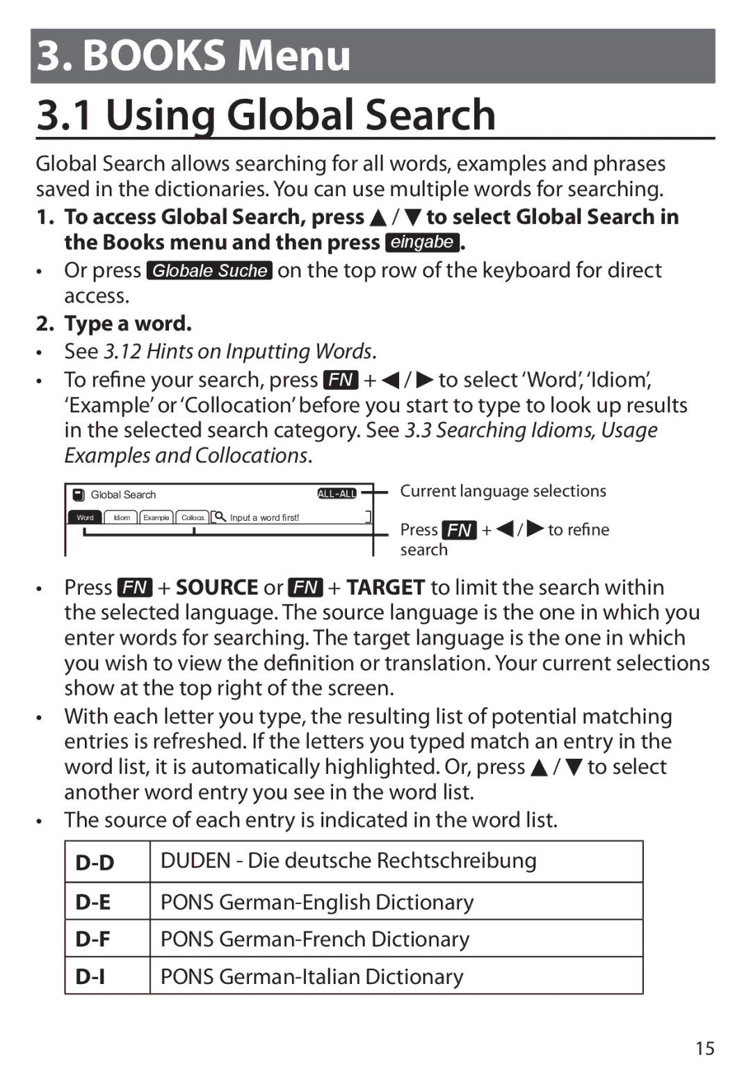 Franklin Language Master Language Learning Library, BDS-6100 manual Using Global Search, Type a word 