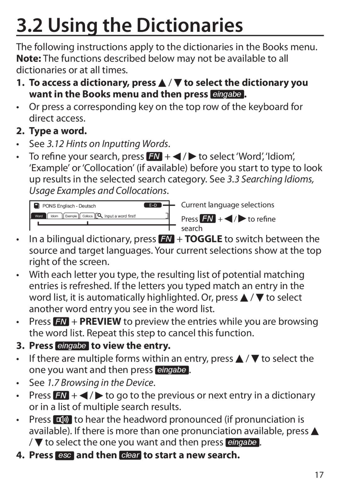 Franklin Language Master Language Learning Library, BDS-6100 manual Using the Dictionaries, Press eingabe to view the entry 