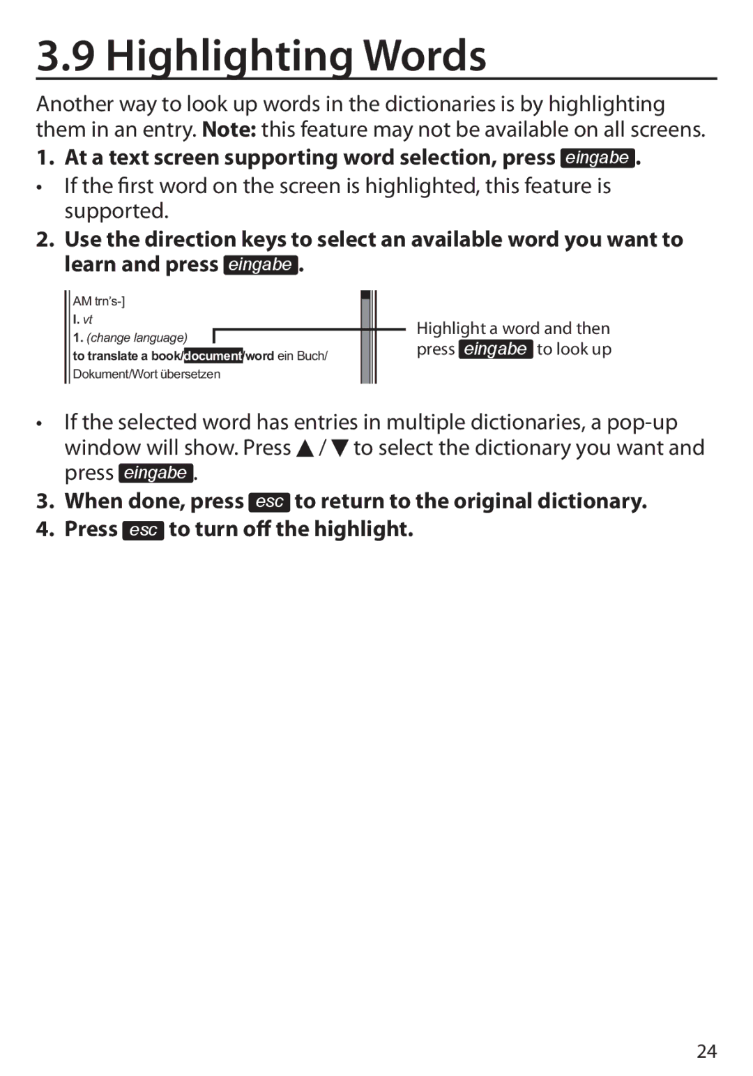 Franklin BDS-6100 manual Highlighting Words, At a text screen supporting word selection, press eingabe 