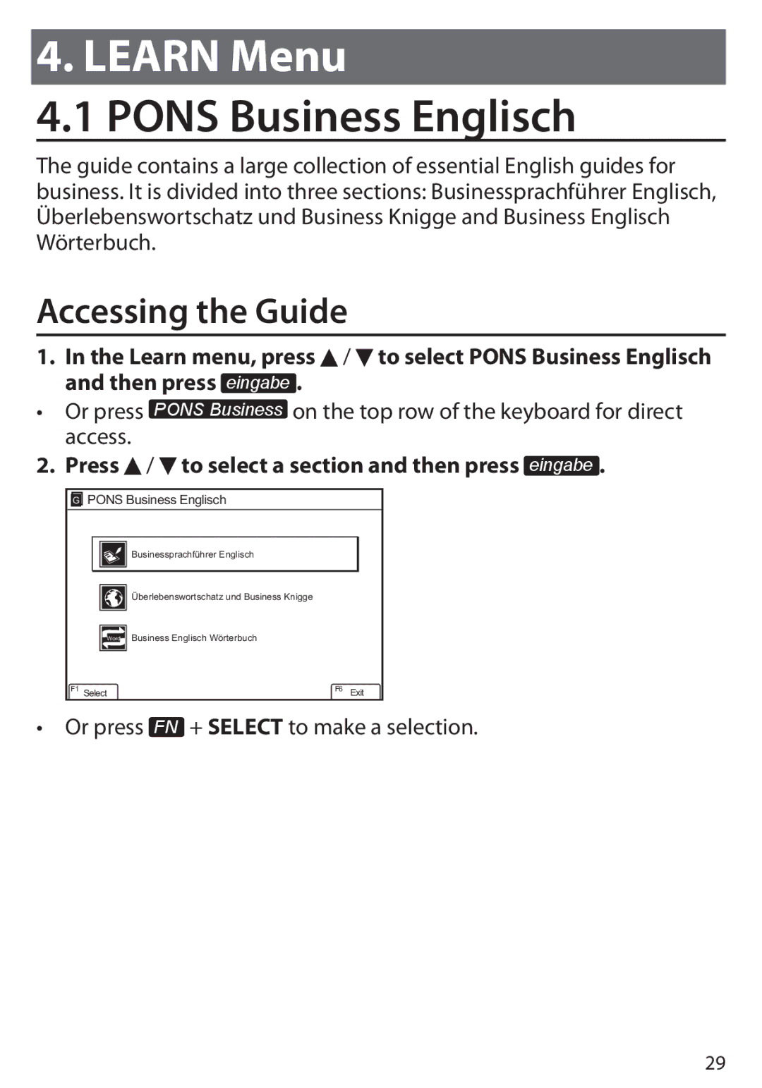 Franklin Language Master Language Learning Library, BDS-6100 manual Pons Business Englisch, Accessing the Guide 