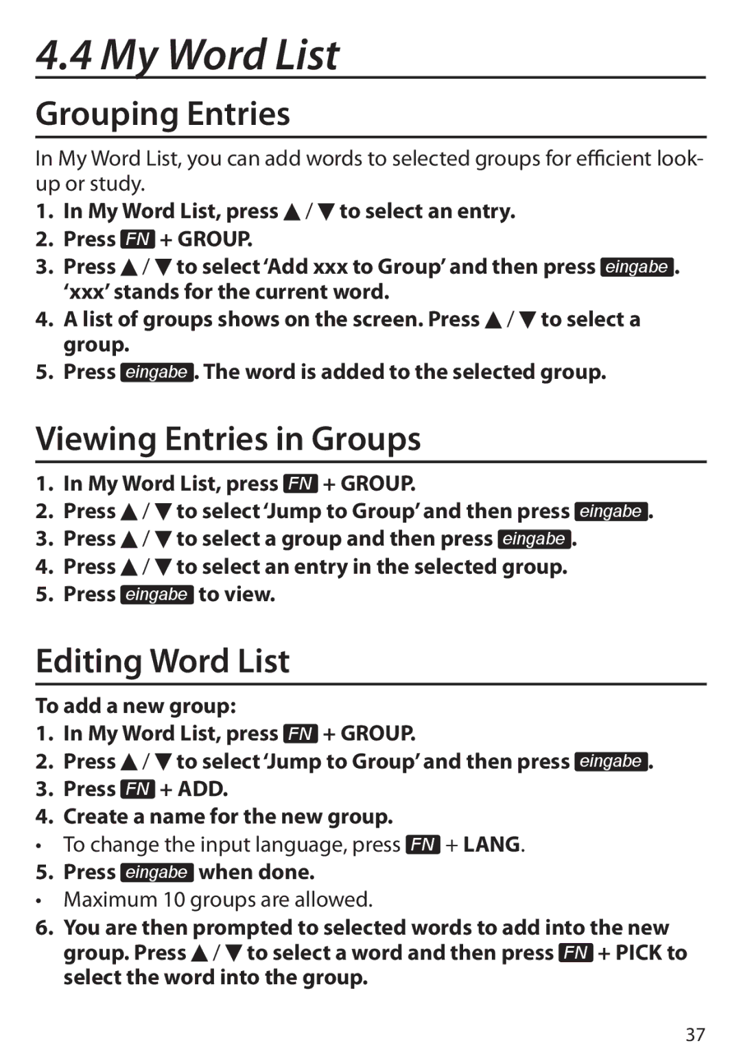 Franklin Language Master Language Learning Library, BDS-6100 My Word List, Grouping Entries, Viewing Entries in Groups 