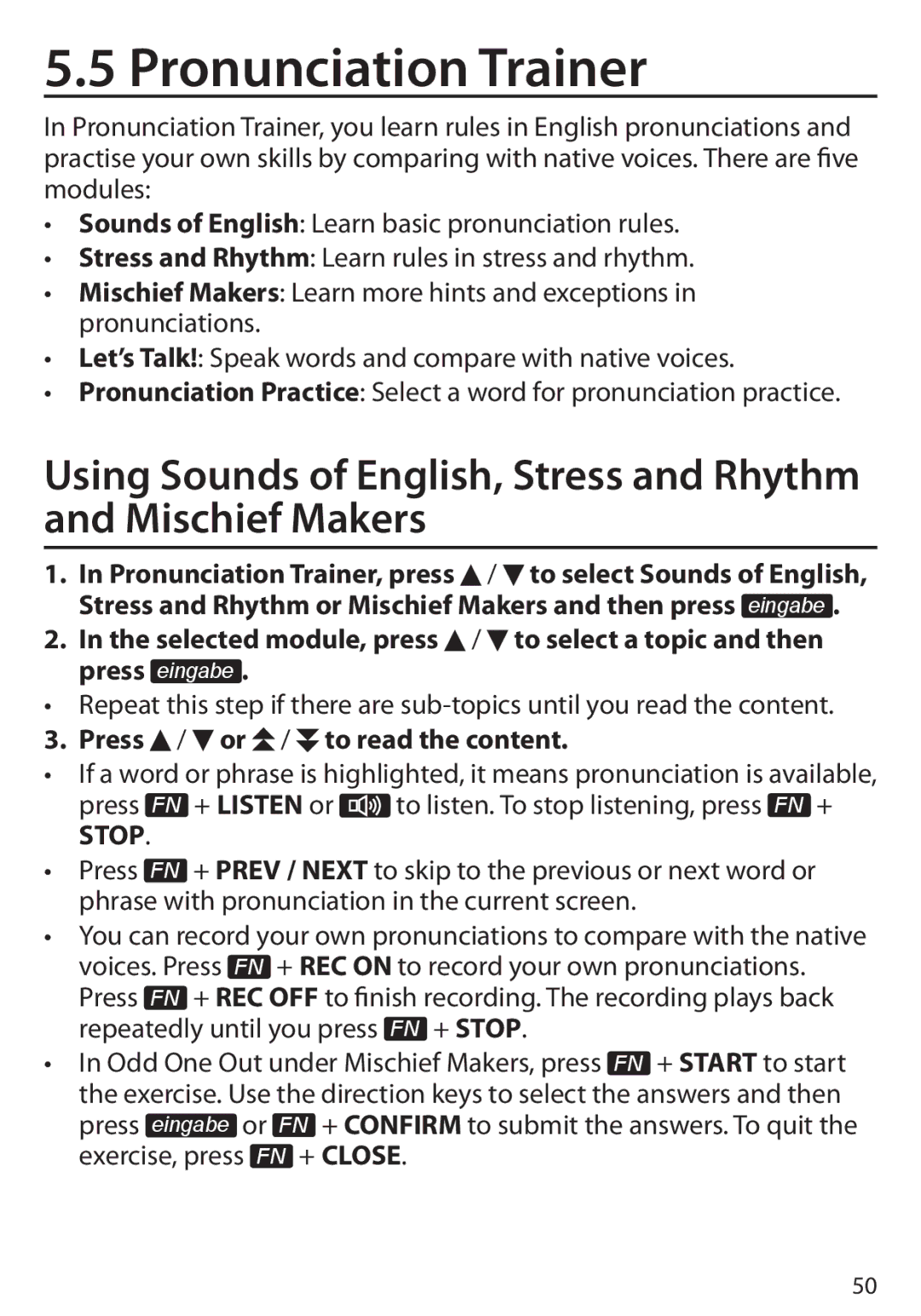 Franklin BDS-6100, Language Master Language Learning Library manual Pronunciation Trainer, Press / or / to read the content 