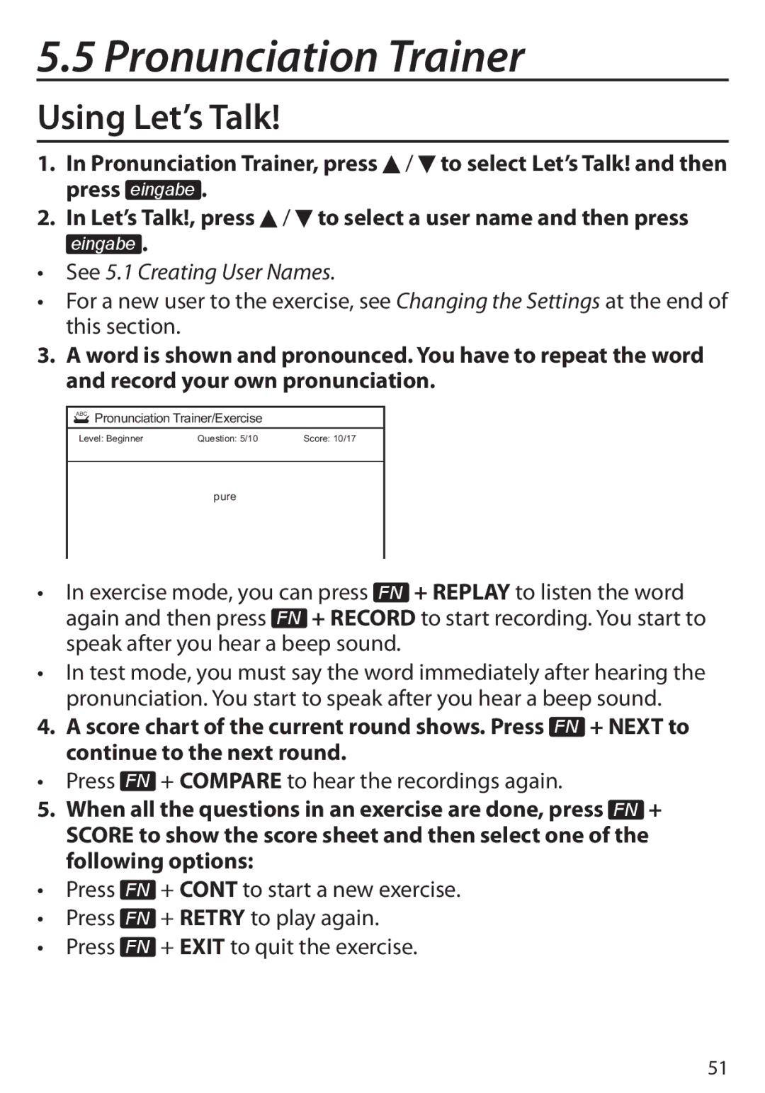 Franklin Language Master Language Learning Library, BDS-6100 manual Pronunciation Trainer, Using Let’s Talk 