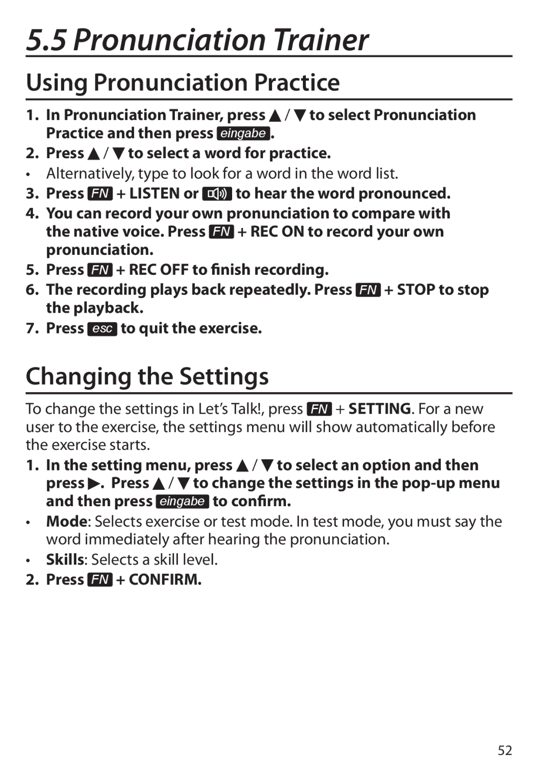 Franklin BDS-6100, Language Master Language Learning Library manual Using Pronunciation Practice, Changing the Settings 