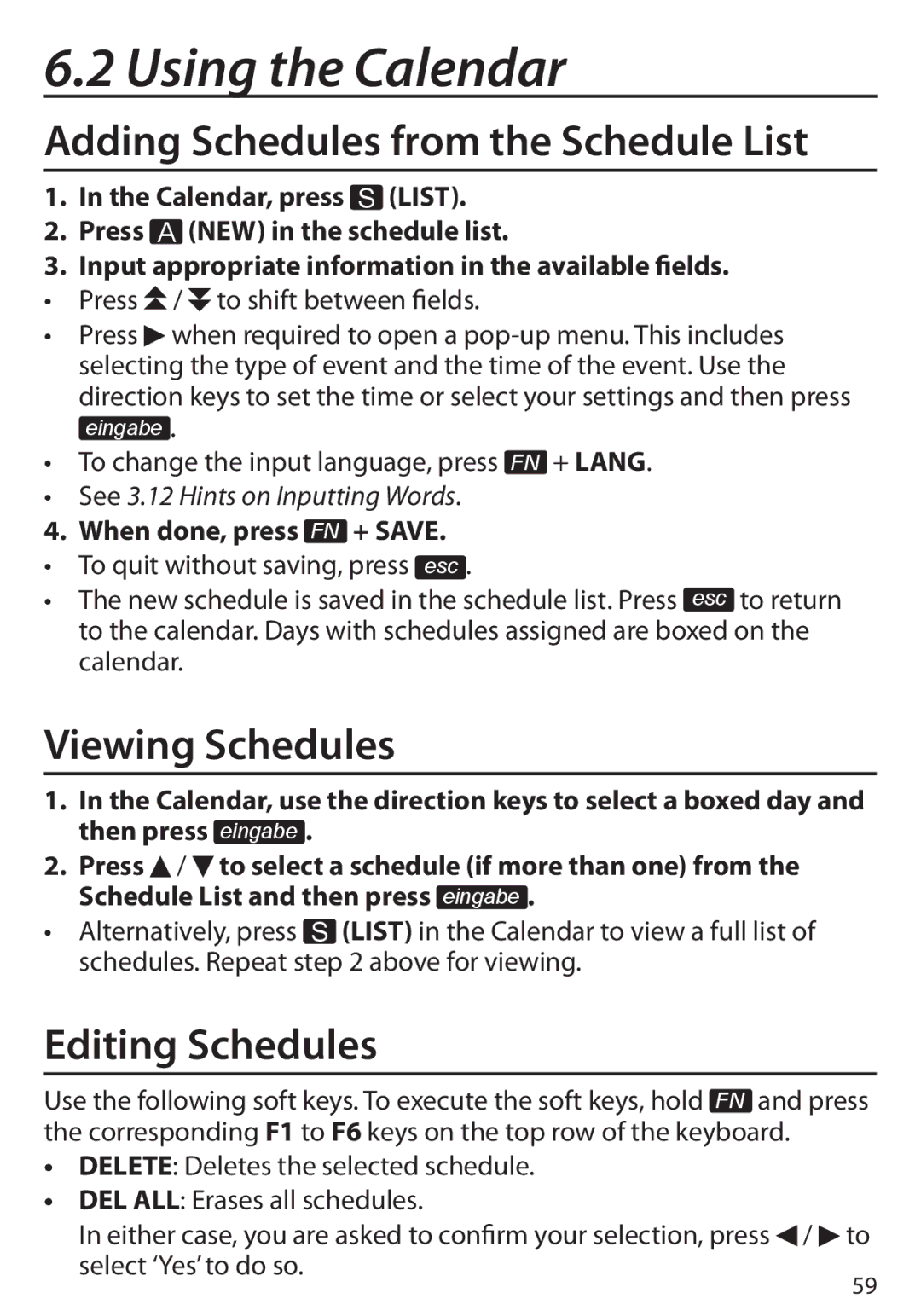 Franklin Language Master Language Learning Library, BDS-6100 manual Using the Calendar, Viewing Schedules, Editing Schedules 