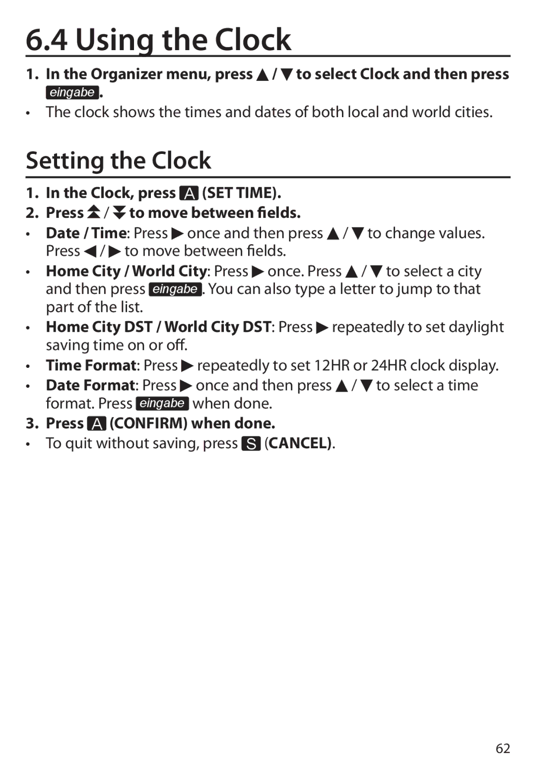 Franklin BDS-6100 manual Using the Clock, Setting the Clock, Clock, press a SET Time Press / to move between fields 