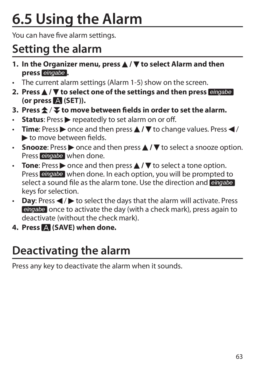 Franklin Language Master Language Learning Library, BDS-6100 Using the Alarm, Setting the alarm, Deactivating the alarm 