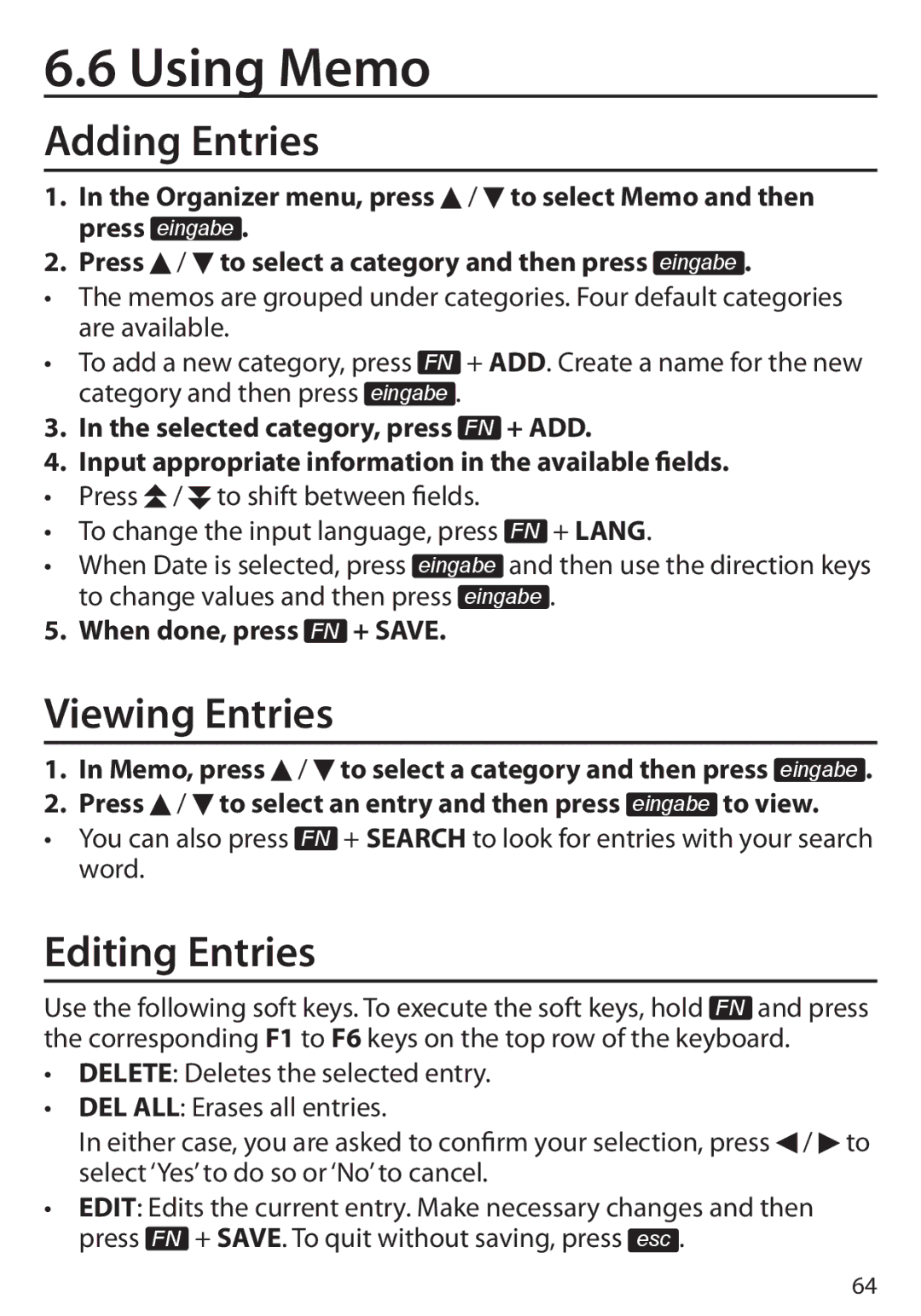 Franklin BDS-6100, Language Master Language Learning Library Using Memo, Adding Entries, Viewing Entries, Editing Entries 