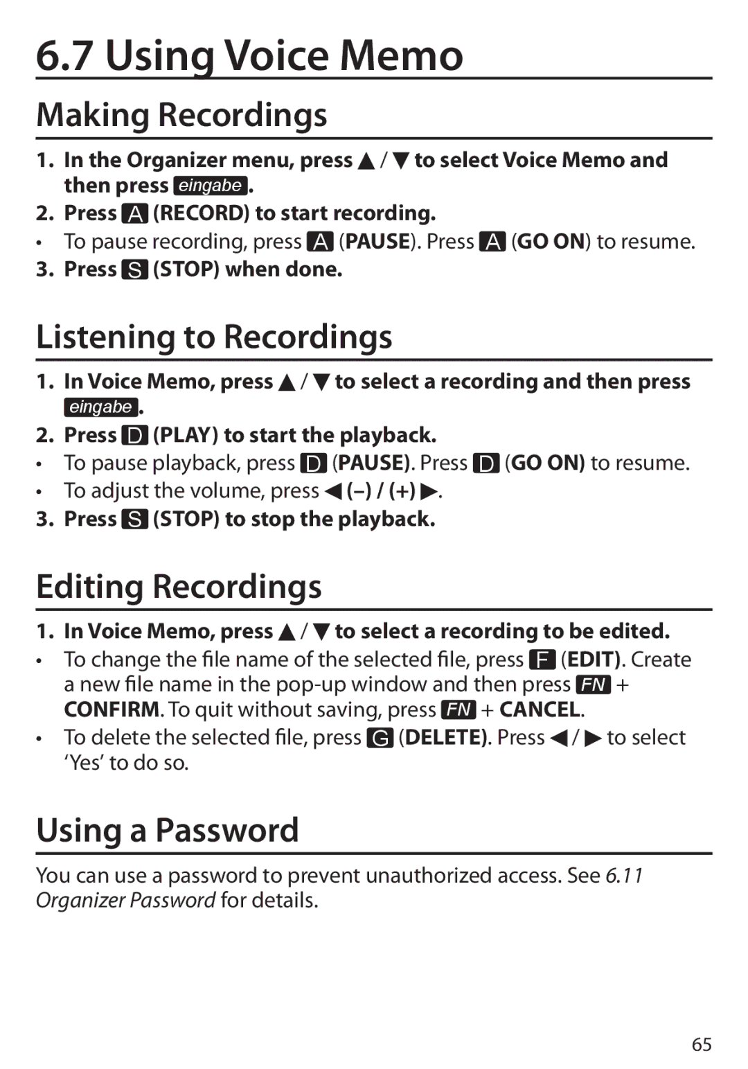 Franklin Language Master Language Learning Library, BDS-6100 Using Voice Memo, Making Recordings, Listening to Recordings 